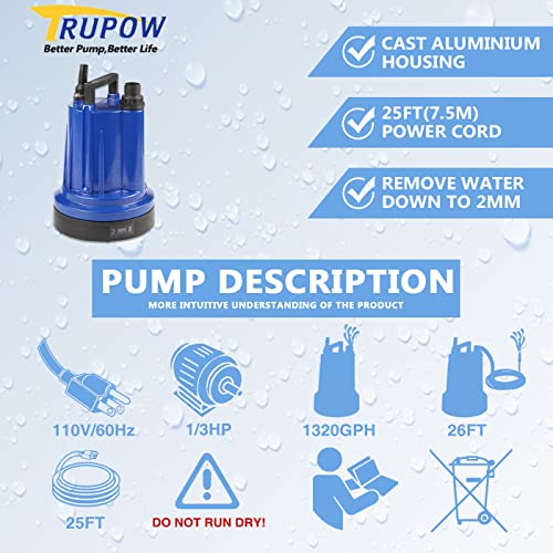 Image of TRUPOW 1 /3HP Utility Pump 1320GPH Portable Electric Submersible Sump Pump Low Suction with Cast Aluminium Housing, Drain Clean Water for Basement Flood Cellar Pool Garden Pond and Hot Tub