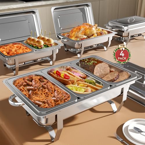 Comparison: Best Chafing Dish Set 4 Amhier Chafing Dish Buffet Set, 9QT High Grade Chafing Dishes for Buffet, Chafers and Buffet Warmers Sets for Birthday, Wedding, Rolled-Edge Design with Silver, 4 Pack, 7 Pans