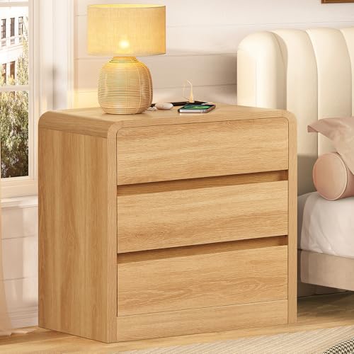 Image of TEENFON Nightstands Set of 2, Night Stand with 3 Storage Drawer and Charging Station, Modern End Tables Wide Night Stands for Bedroom Sofa Couch Home Office, Natural