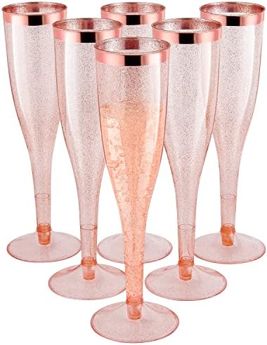Rose Gold Plastic Champagne Flutes [1 Box of 30 ] 6.5 Oz Gold Glitter Plastic Classic ware Plastic Toasting Glasses Disposable wine Mimosa glasses for wedding Party Cocktail Pink Cups (Rose Gold)