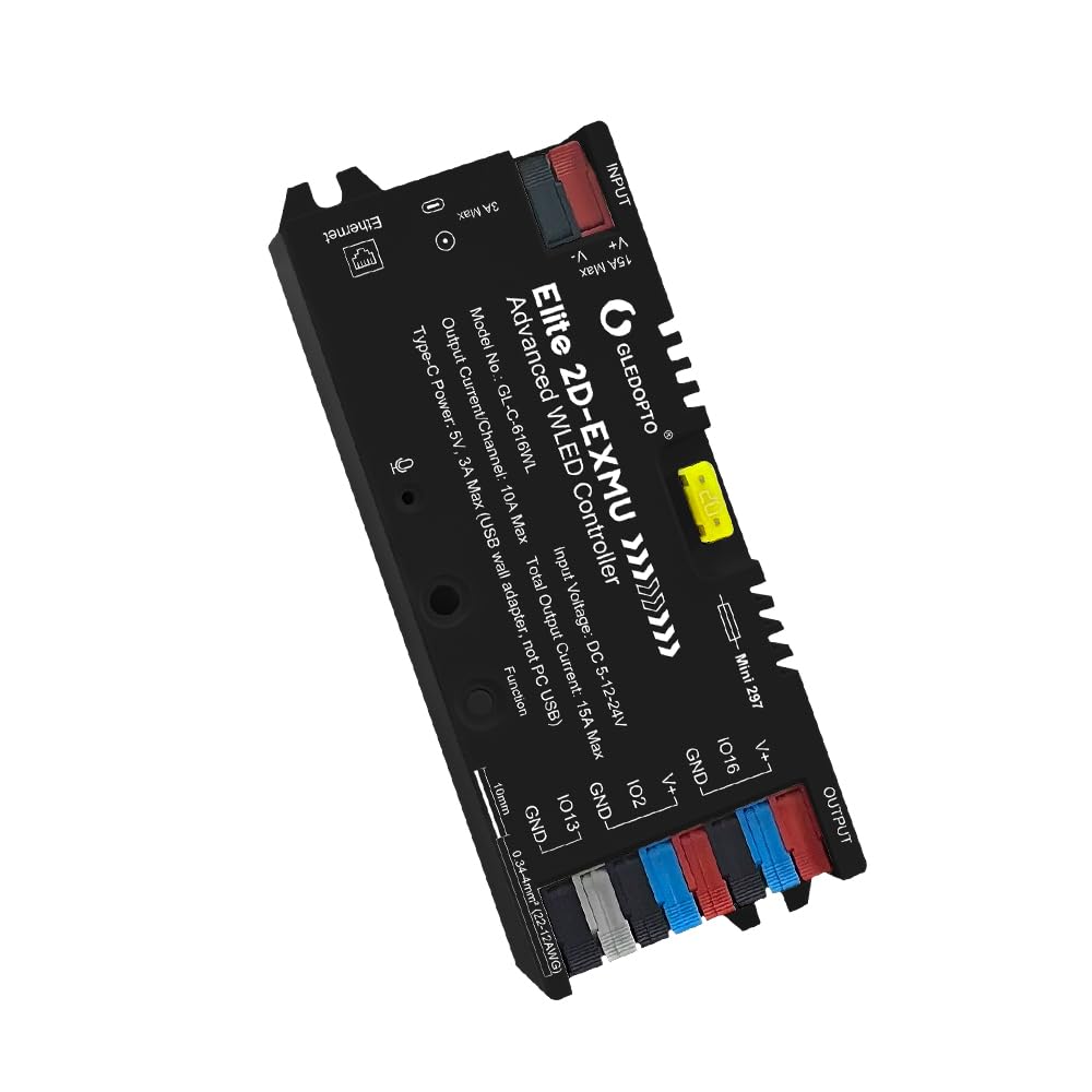 GLEDOPTO ESP32 WLED Elite Controller Relè, Ethernet, Audio Reattivo, Fusibile 20A per Strisce LED Indirizzabili Digitali WS2811, WS2812, SK6812, WS2815 (nero)