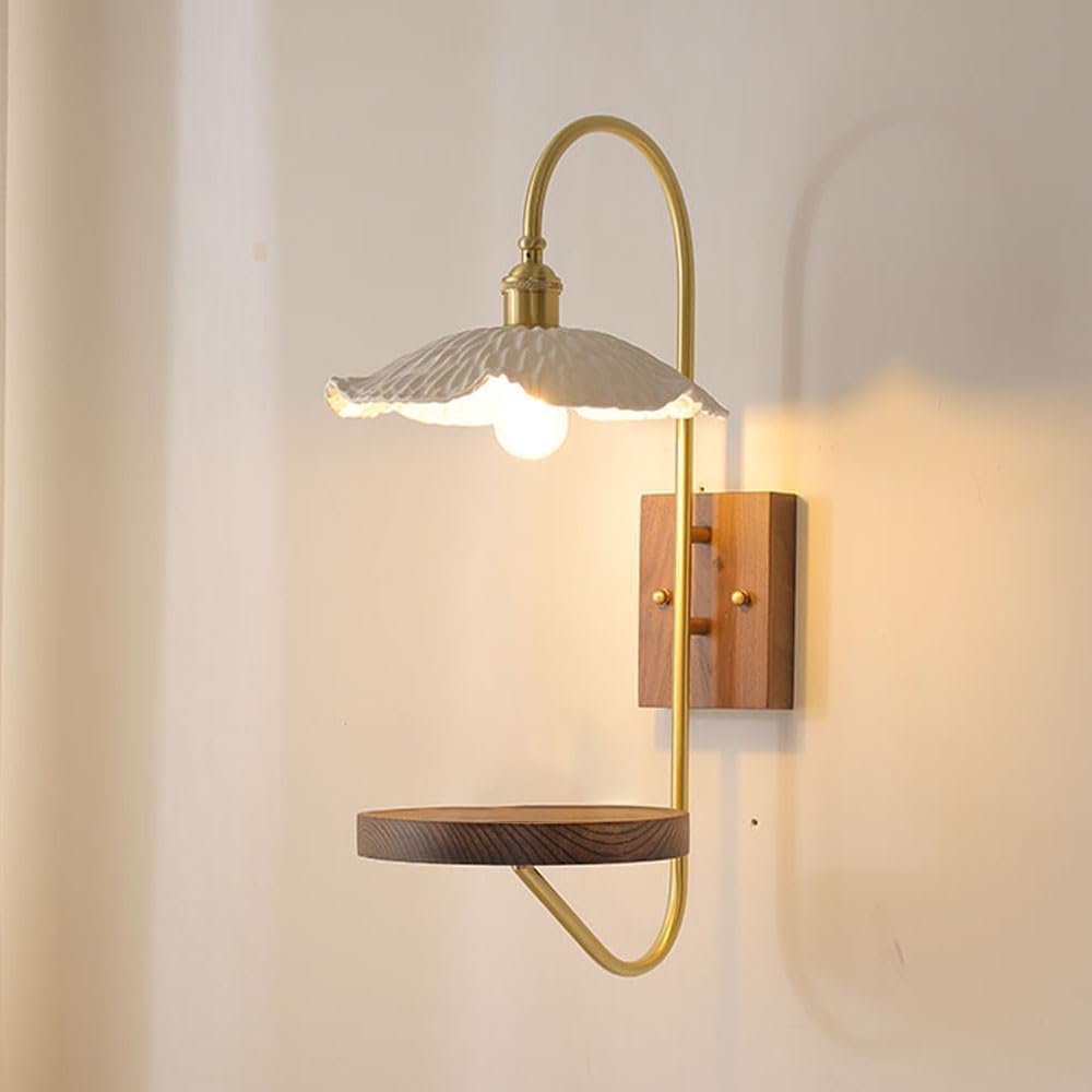 JYBNBBE Cafe Wall Sconces, Brushed Brass Glass Sconce, Bedside Lamp with Wooden Countertop Modern Light Fixtures E27 Compatible,Chandelier,25 * 15 * 54cm