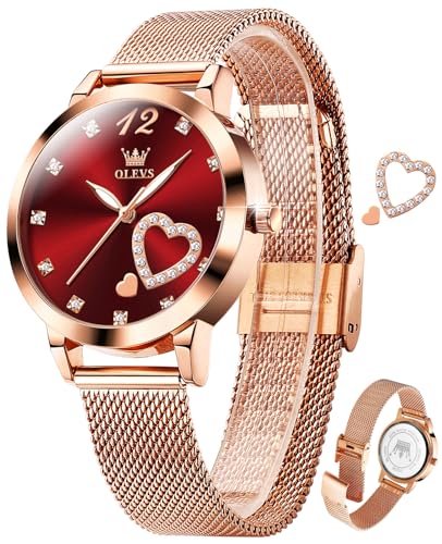 Montre en maille pour femme OLEVS rose doré et rouge avec date