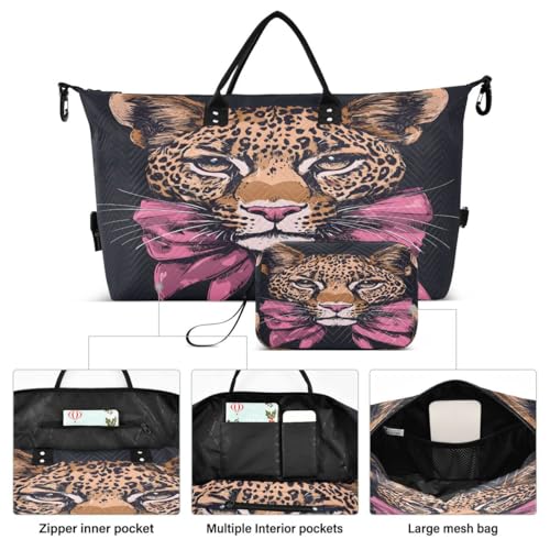 Leopard Bow Black Travel Duffle Bag Gym Bag Weekender Bags with Toiletry Bag Travel Trip Tote Bag2