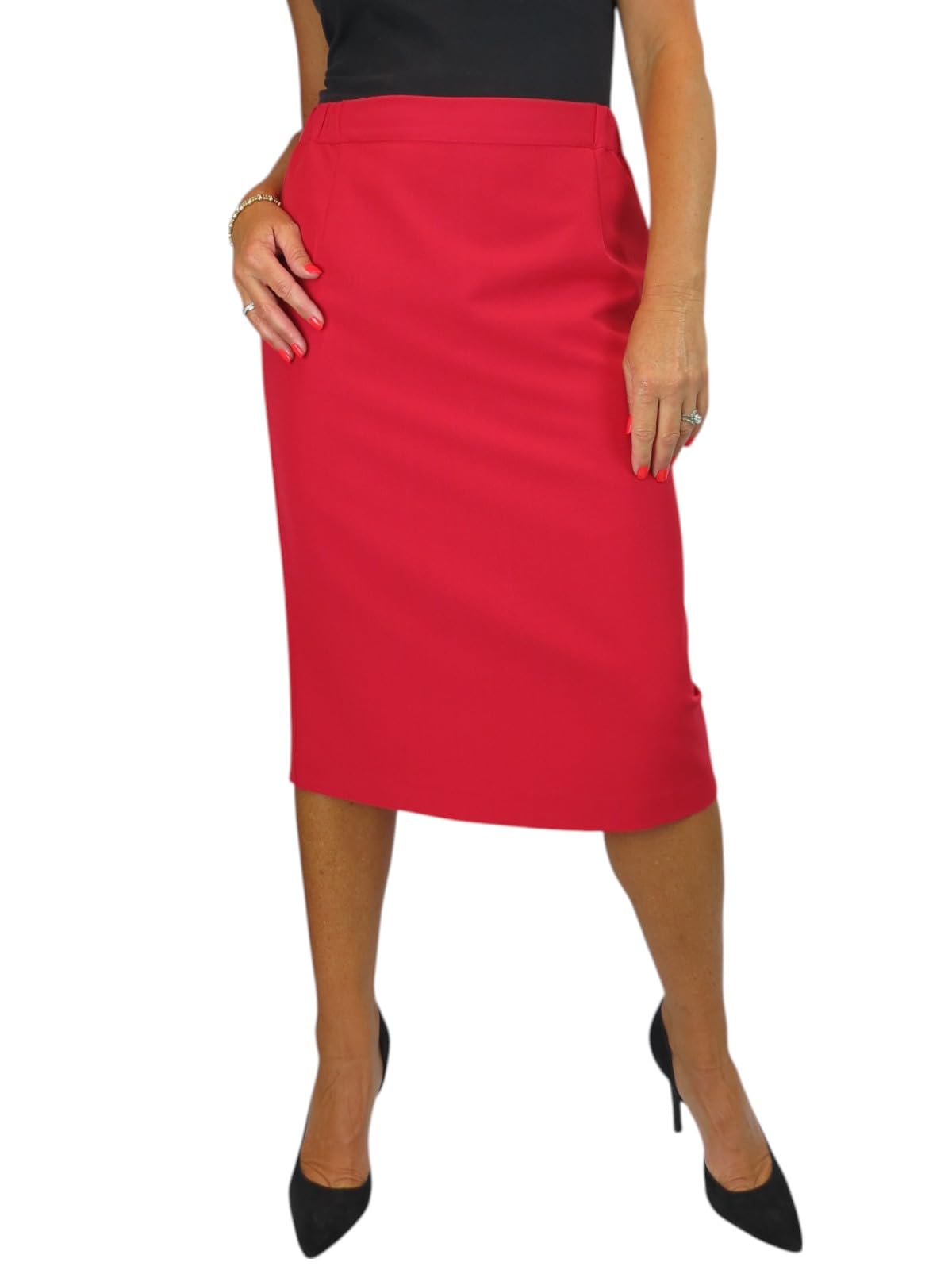 Paulo Due Women's Red Lined Pencil Skirt For Smart Below Knee Elasticated Waist Skirt Office Evening 10-24 (24)