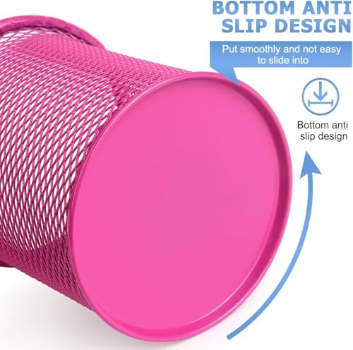 Image of Metal Mesh Pen Stand for Office & Home Desk | Black Stationery Holder Organizer for Pens, Pencils, Markers, Makeup Brushes | Durable Round Wire Mesh Pen Stand (Pack of 1) (Pink)
