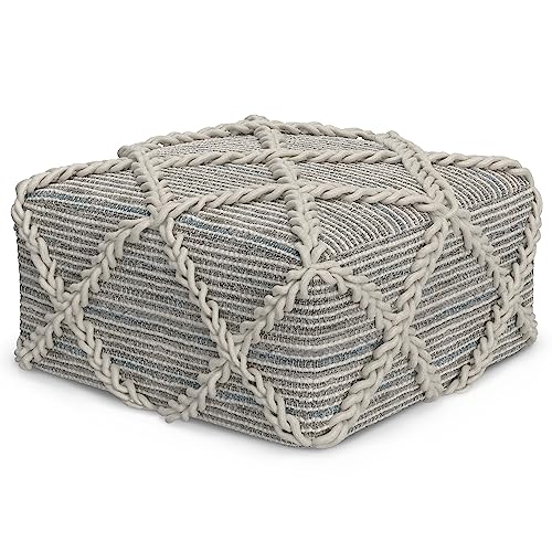 SIMPLIHOME Cowan Contemporary Square Pouf in Grey, Natural Handlo...