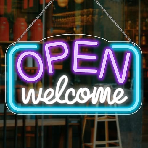 Image of Open Signs for Business, 16.9 inchX 9.4 inch Bright High Visibility LED Neon Open Sign Powered by USB with ON /OFF Switch, Adjustable Open Sign for Bar Shop Coffee Salon Hotel Store Walls Window Door Storefront (Purple)