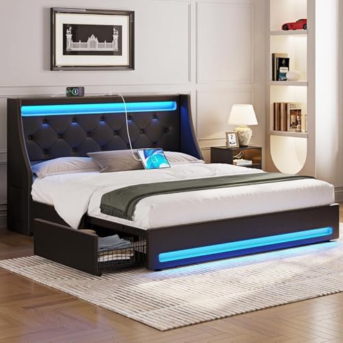Rolanstar Full Bed Frame with LED Lights and Charging Station, PU...