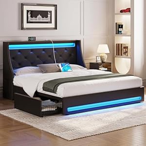 Rolanstar Full Bed Frame with LED Lights and Charging Station, PU Leather Bed with Drawers, Wooden Slats, Noise Free, Easy Assembly, Black