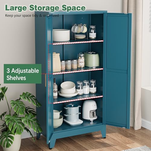 Image of Bevivog 61 inch Farmhouse Metal Storage Cabinet with 2 Doors and 3 Adjustable Shelves, Tall Bathroom Cabinet Freestanding, Blue Metal Pantry Cabinets for Kitchen, Living Room, Home Office