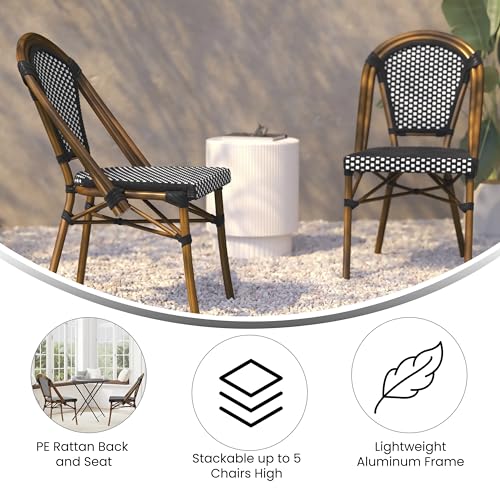 Image of Flash Furniture Bordeaux Set of 2 Indoor /Outdoor Commercial Bistro Stack Chairs - Black /White PE Rattan Back and Seat - Natural Bamboo Print Aluminum Frame