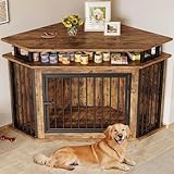 IRONCK 51" Corner Wooden Dog Crate Furniture with 2-Tier Shelves, Pet Kennel for Large Dogs, Space-Saving Dog Cage for TV Stand, Rustic Brown (26.7" L x 51.2" W x 33.5" H)