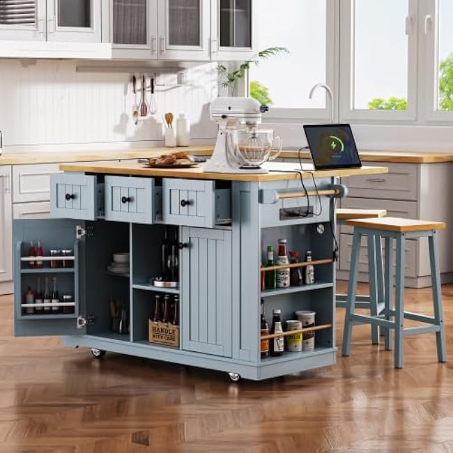 53 inch Large Kitchen Island with Drop Leaf, Power Outlet, Door Internal Storage Rack, Rolling Kitchen Cart on 5 Wheels for Kitchen, Dining Room-j98sRuU3