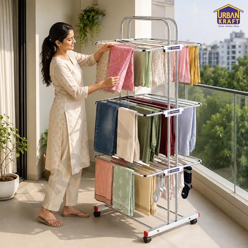 Image of URBAN KRAFT 3 Tier Foldable Cloth Drying Stand | Heavy Duty Rack for Drying Clothes | Full Stainless Steel Cloth Dryer Stand with Wheels - 6 Folding Wings, Easy to Assemble