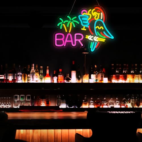Image of Bar Neon Sign for Wall Decor, Parrot Dimmable Switch LED Signs Bar Decor for Home Man Cave Pub Party Pub Decoration Gift, USB Powerd
