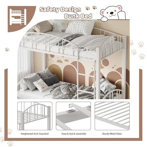 Bunk Bed Twin Over Twin with Stairs and Arched Guardrail, Sturdy Metal Slats Support, Space Saving, Noise Free, No Box Spring Needed, Ideal for Kid Room and Dorm, White