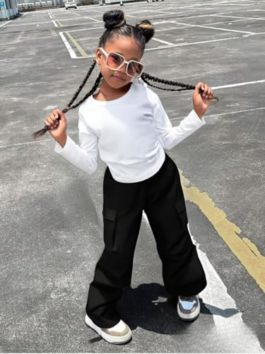 Image of Azmxynol Girls Clothes 2 Piece Outfit Ribbed T-Shirt Top + Cargo Pants, Girls Fall Clothing Set, Sizes 5-16 Years