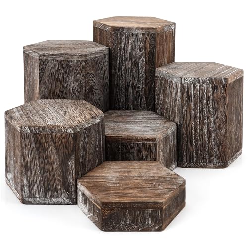 BELLE VOUS 6 Tronchi Legno Decorativi Esagonali Marroni e Vintage - Espositori in Legno per Ripiani e Piani di Lavoro - Colonne per Allestimenti Vetrine, Vendita al Dettaglio, Cupcakes e Dolci