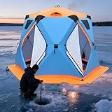 Isoliertes tragbares Pop-up-Eisangelzelt Iglu Zelt mit Bodenoption,beheiztes Zelt mit Kaminöffnung,Doppeltüren mit Metallreißverschlüssen,4 Fenster,2 Lüftungen,winddicht/faltbar Blue-8-10Person