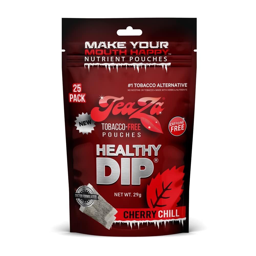 Teaza Energy Pouches, Tobacco Free Nicotine Free Dip - Alternative Snuff & Energy Dip Chewing,Healthy Dipping Premium Flavored Cherry Chill (1 Pack)