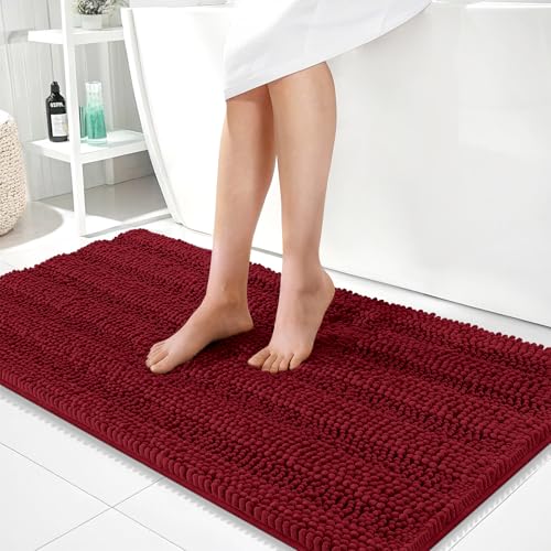 Image of OLANLY Thick Bathroom Runner Rugs 44x24, Extra Absorbent Chenille Striped Bath Rugs, Rubber Backing, Machine Wash Dry, Long Bath Mats for Bathroom Floor, Tub and Shower, Home Decor Accessories, Red