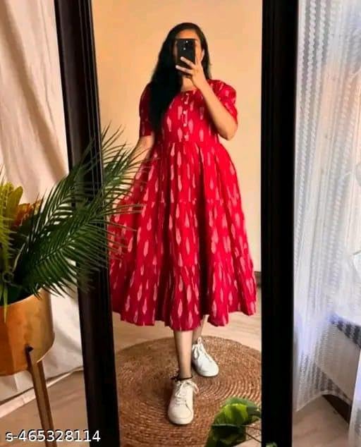 Image of Women's Rayon A-Line Midi Dress, Floral Print, Short Sleeves, Round Neck, Tiered Design