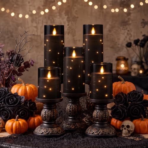 Image of Homemory Halloween Flameless Candles, Black LED Pillar Candles with Remote | Acrylic Flickering Battery Operated Candles with Timer and Embedded Star String Lights for Centerpiece Indoor Holiday Decor