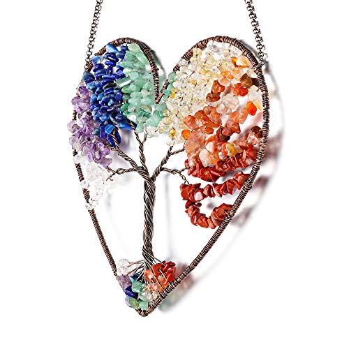 Jovivi Double Heart Tree Of Life Hanging Ornament 7 Chakra Reiki Healing Crystals Stones Gemstone Meditation Window Wall Hanger For Feng Shui Yoga Home Indoor Decor #TOP4