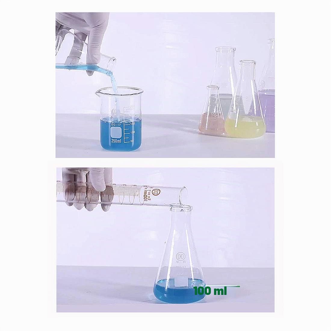 Glas Erlenmeyerkolben Set, JESTOOLO 50 ml Becherglas, 50 ml Konisch Fläschchen, 10 ml/5ml Messzylinder Glas mit 3 Glas Pipetten, 2 Waschbürste und 2 Glasstab, für Labor Lebensmittel Forschung Medizin