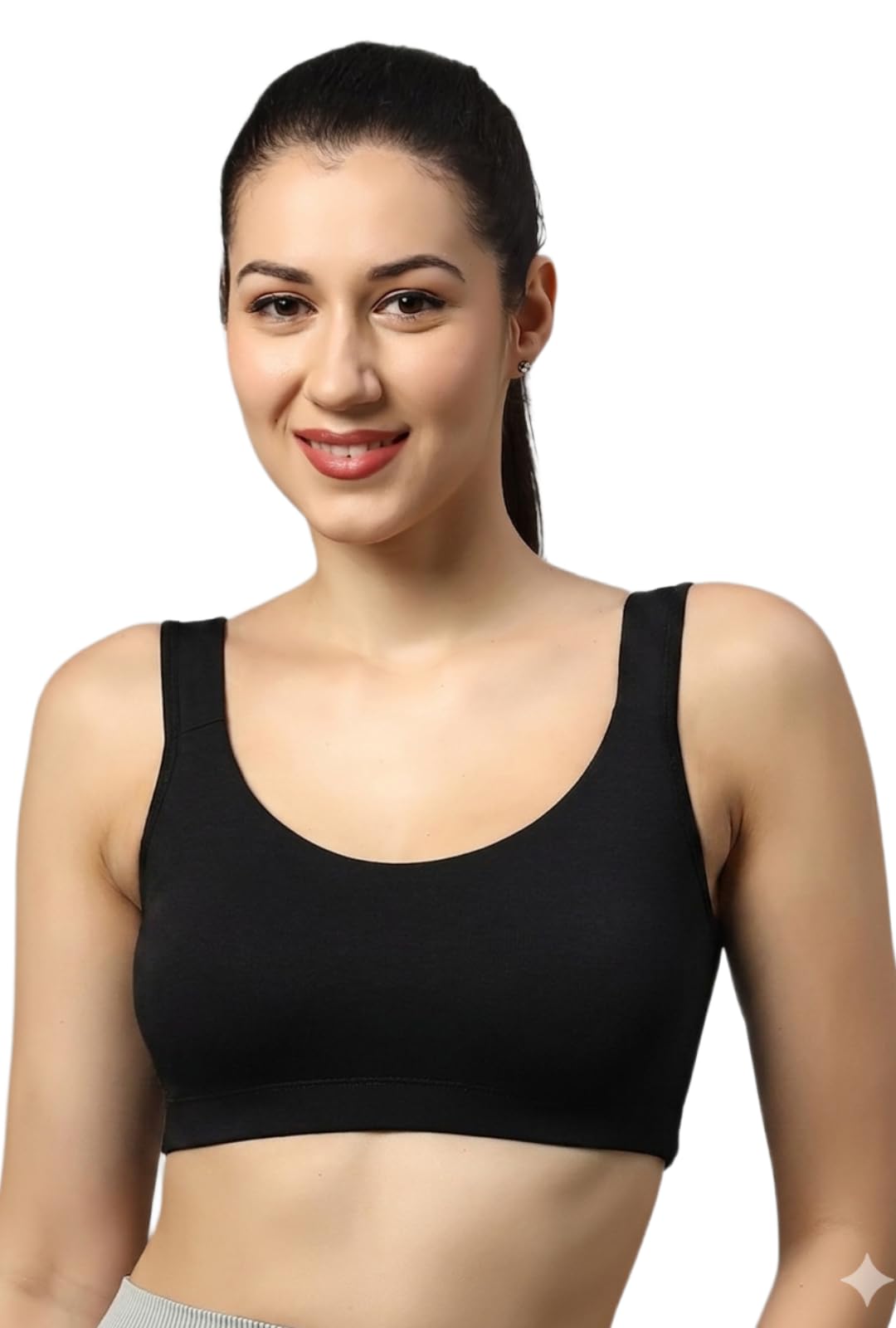 Women's Black Sports Bra, Non-Padded, Wirefree, Scoop Neck, Broad Straps, Everyday Comfort Fit-image-1