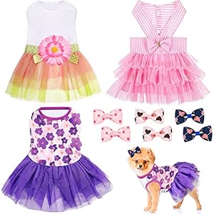 3 Pieces Dog Dress Cute Pet Clothing and 6 Pieces Dog Hair Bow, Lace Tutu Skirt Doggie Dress Tutu Dog Dress for Puppy Dogs and Cats on Wedding Holiday New Year Spring Summer