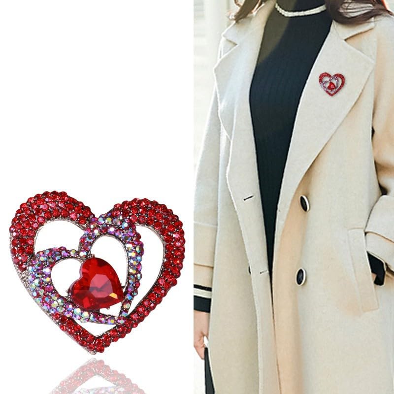 Image of Sparkly Full Rhinestone Heart Brooch Pin Hollow Double Lapel Pin Badge Red Heart Pins Mothers Day Gift Jewelry