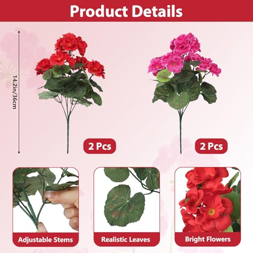 Image of Bassion Artificial Geraniums Flowers for Outdoors Decoration, 4 Pcs, Mixed