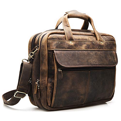 Le'aokuu Leather Mens Business Travel Laptop Case Best Portfolio Briefcase Handles Organizer Shoulder Strap Messenger Bag (Y B1001 A Brown)