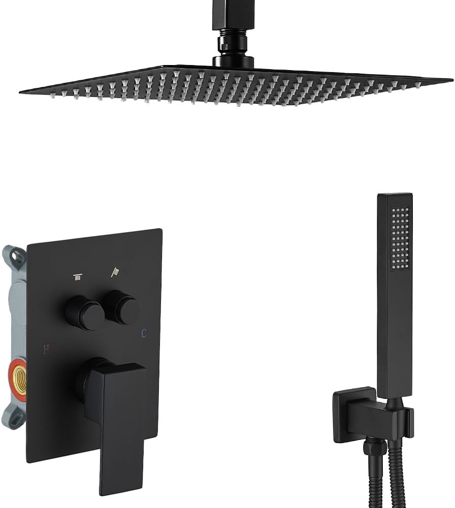 Matte Black Shower System with Push Button Diverter, Ceiling Mount Luxury 12 Inch Rain Shower Head with Handheld Spray, Shower Faucet Combo Set with Rough-in Valve Body and Trim Kit Included