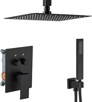 Matte Black Shower System with Push Button Diverter, Ceiling Mount Luxury 12 Inch Rain Shower Head with Handheld Spray, Shower Faucet Combo Set with Rough-in Valve Body and Trim Kit Included