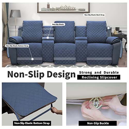 Image of Easy-Going Recliner Sofa Cover with Console, Reversible Couch Cover for Living Room, Split Sofa Cover for Each Seat with Elastic Straps for Kids, Dogs, Pets (3 Seater, Dark Blue /Light Blue)