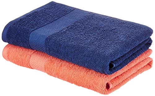 Image of Amazon Brand - Solimo Cotton 2 Piece Bath Towel Set, 380 GSM (Twilight Blue, Coral Pink) 100% Cotton 4 Piece Hand Towel Set, 500 GSM (Sepia Brown and Baby Pink)