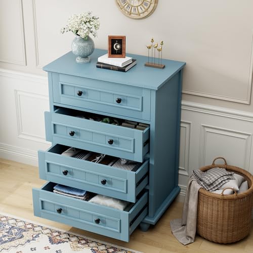 Image of 4 Drawer Dresser for Bedroom, 35'' Tall Storage Chest of Drawers, Blue
