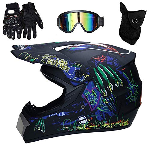 Casque De Motocross Enfants Jeunesse, avec Lunettes Gants Masque Adulte Unisexe Plein Visage VTT Moto VTT Scooter Croix Descente Enduro Races MX Quadrupler...