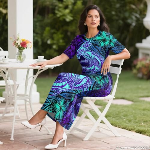 Image of Polynesian Dress for Women Short Sleeve High Waist Maxi Skirt | Puletasi dress, t-shirt and skirt two-piece, elastic material, lightweight, soft, plus size, luau party, wedding, clubwear