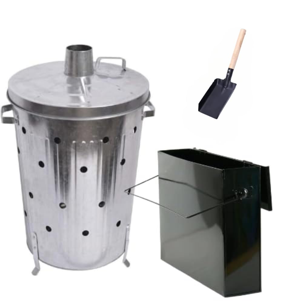 Trendi 90 Litre Extra Large 90L Galvanised Metal Incinerator + Shovel Recycle Garden Rubbish Fire Wood Burner Burning Leaves Hot Ash Bucket Coal & Box Lid (90L Inci +Ash Box & Shovel)