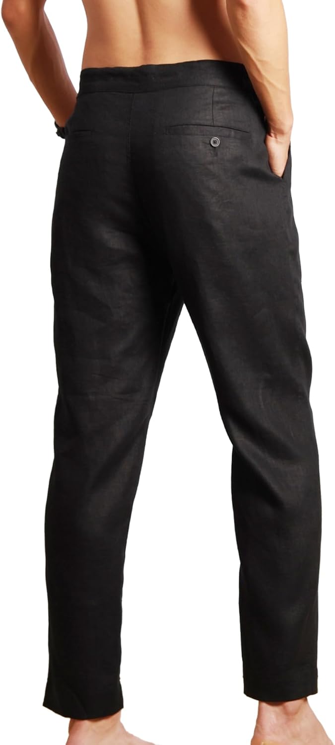 Men's 100% Linen Pants with Adjustable Slim Bilateral Elastic Bands Waist Tapered Fit Comfort Casual Trousers - Image 3
