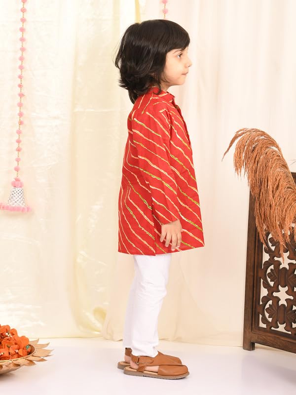 Image of superminis Cotton Boys Sanganeri Lehariya Printed Kurta Set with White Pyjama Elastic Closure