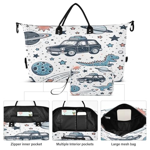 ​​Large Foldable Travel Duffel Bag, Waterproof Gym Bag for Men & Women, Carry-On Luggage Weekender Overnight Bag, Cute Planets Dino2