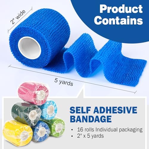 AZEN 16 Pack Self Adhesive Bandage Wrap, 2" X 5 Yards Elastic Cohesive Bandage Wrap, Color Athletic Tape, Vet Wrap, Ankle Tape - 1