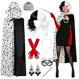 SelfTek Disfraz de Carnaval de Cruella Devil para Mujer – 8 Unidades Disfraces de Carnaval con Capa, Guantes, Collar, Máscara, Pendientes, Disfraz de Cruella para Mujer, para Cosplay, Fiesta