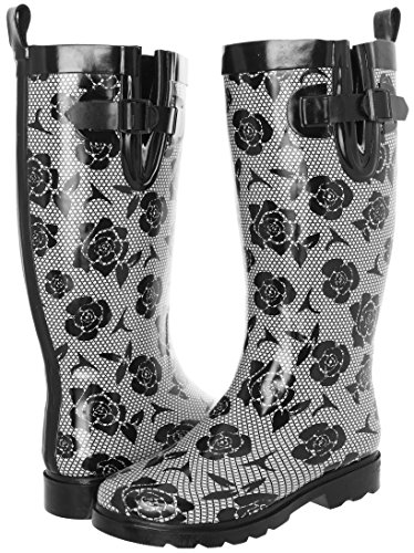 Capelli New York Ladies Shiny Tall Rubber Cozy Lined Rain Boots Lace and Rose Print Black Combo Size 7