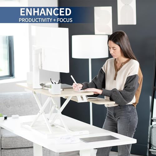Image of VIVO 42 inch Desk Converter, K Series, Height Adjustable Sit to Stand Riser, Dual Monitor and Laptop Workstation with Wide Keyboard Tray, Light Wood Top, White Frame, DESK-V042KF